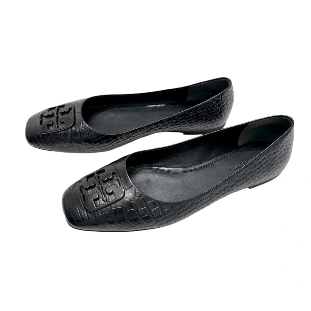 New Tory Burch Black square toe Georgia Croc-Embossed Leather Ballet Flat‎ 10.5